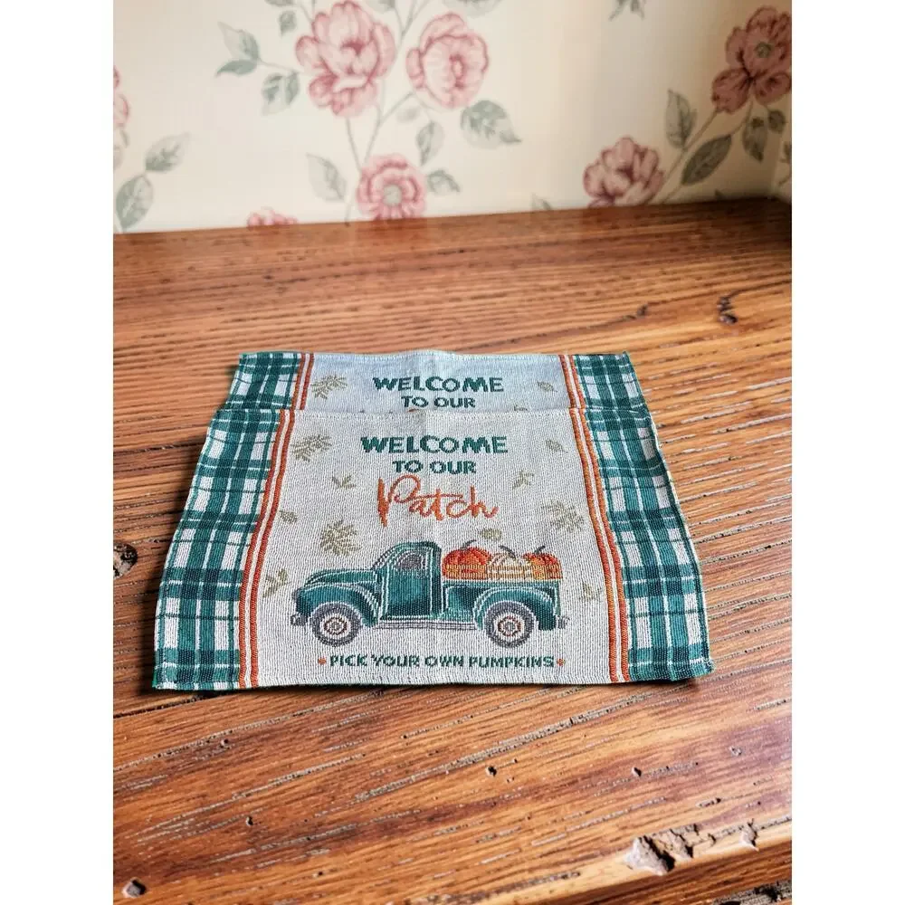Set of 2 Fall Pumpkin Patch Placemats Green Plaid Vintage Truck Farmhouse
